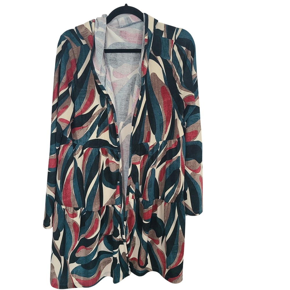 Womens Abstract Print‎ Hooded Tunic Top Long Sleeve Teal Burgundy
